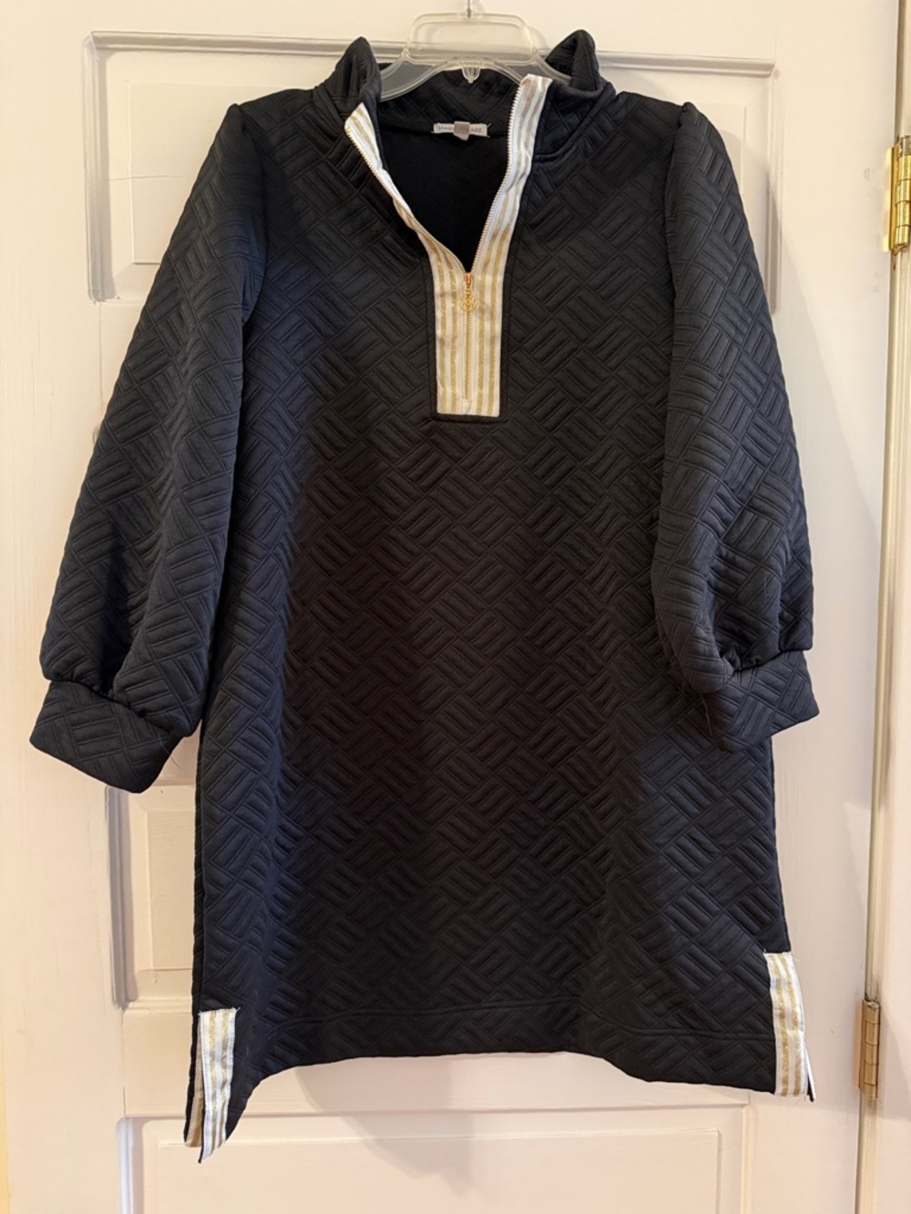 Mary Square Quilted Black Mini Dress with Cream Stripe Trim